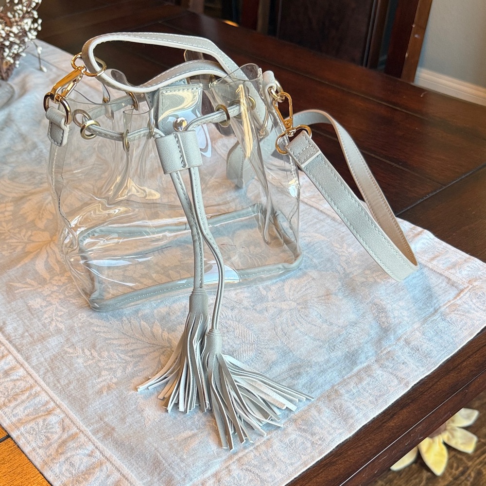 Clear Tassel Drawstring Bucket Bag - White Trim